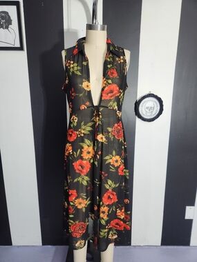 Black Floral Trench Coat Dress with Red Orange Blooms